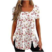 Womens Slit Top Colorblock Floral Loose Fit Long Blouse for Women Short Sleeve Scoop Neck Fall Summer Shirts 2024