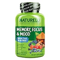 NATURELO Whole Food Brain Blend Supplement, Helps Support Memory, Focus and Mood - 60 Vegetarian Capsules