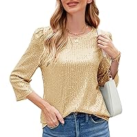 JASAMBAC 3/4 Sleeve Sequin Tops for Women Party Shimmer Embellished Sparkle Glitter Party Puff Tunic Top Blouse