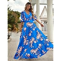 Dresses for Women - Floral Print Butterfly Sleeve Chiffon Dress (Color : Royal Blue, Size : Small)