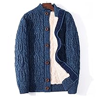 Mens Knitted Sweater Cardigan - Loose Button Twist Thicken Plus Velvet Blue Sweater Coat Jacket, Warm Plus Fat Plus