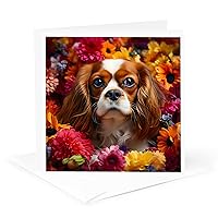 3dRose Greeting Card - Cavalier King Charles Spaniel with floral background - CR Media - Illustrations