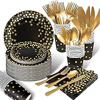 175PCS Black and Gold Party Supplies, Severs 25 Disposable Party Dinnerware Gold Plastic Forks Knives Spoons and Golden Dot Black Paper Plates Black Napkins Cups for New Years Graduation Birthday