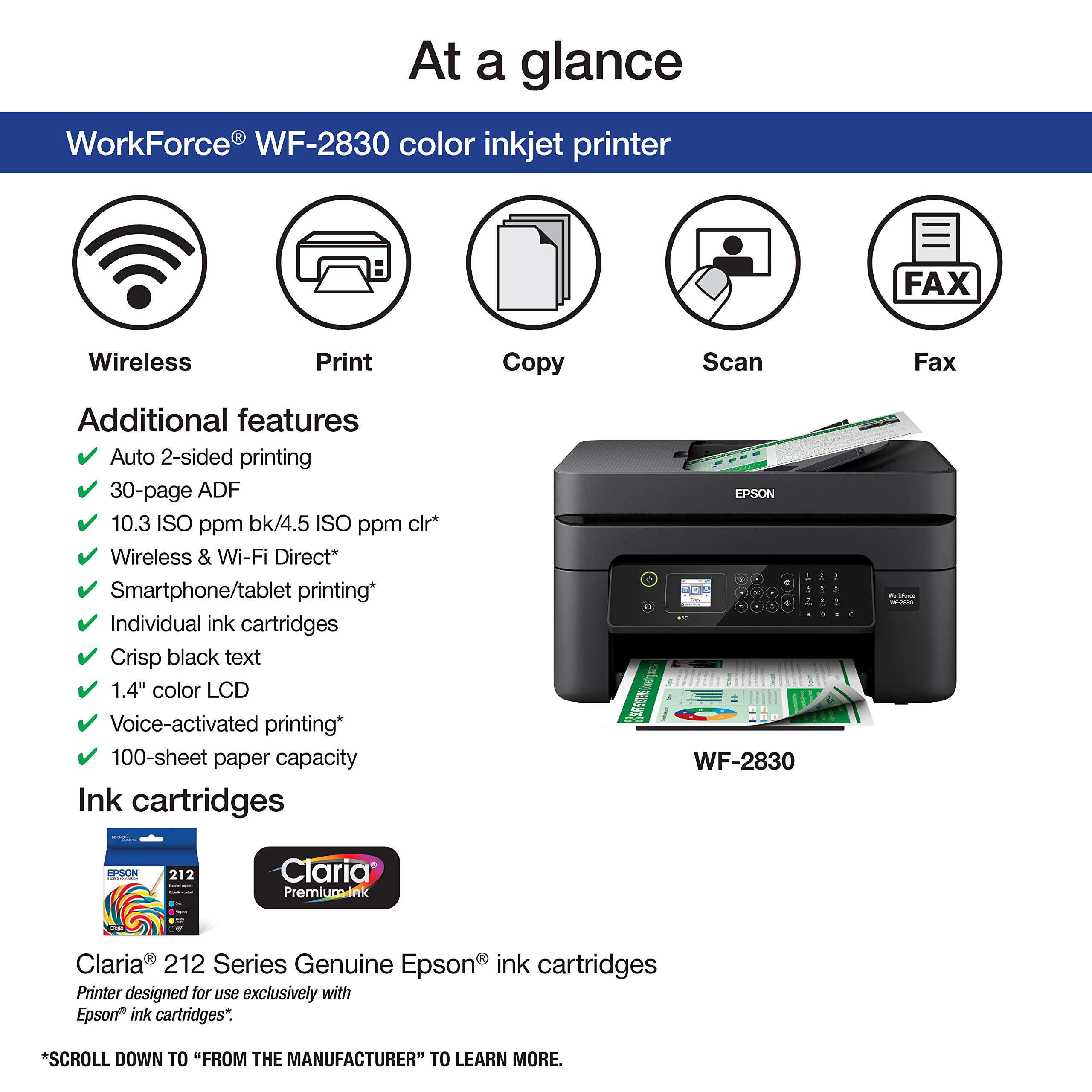 Epson Workforce WF-2930 Wireless All-in-One Printer with Scan, Copy, Fax, Auto Document Feeder, Automatic 2-Sided Printing and 1.4