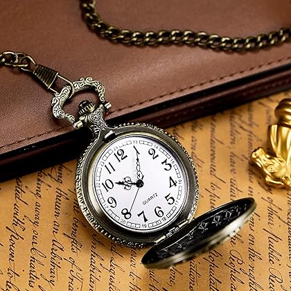 MORFONG Unisex Pocket Watch Quartz Skull Pattern Fob Watches Vintage Bronze with Chani & Box