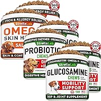 Omega 3 + Glucosamine + Probiotics Bundle - Allergy & Itch Relief Skin&Coat Supplement + Joint Supplement w/Omega +Digestion & Gut Health - Chondroitin, MSM + Digestive Enzymes - 840ct - Made in USA