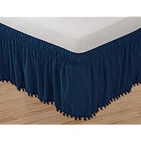 Elegant Comfort Top-Knot Tassle Pompom Fringe Ruffle Skirt Around Style Elastic Bed Wrap- Wrinkle Resistant 16 inch Drop, Queen/King, Navy Blue
