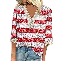 Womens Spring Tops American Flag Lace 3/4 Sleeve Pullover Independence Day Printed V Neck Top Fashion Casual Shirts