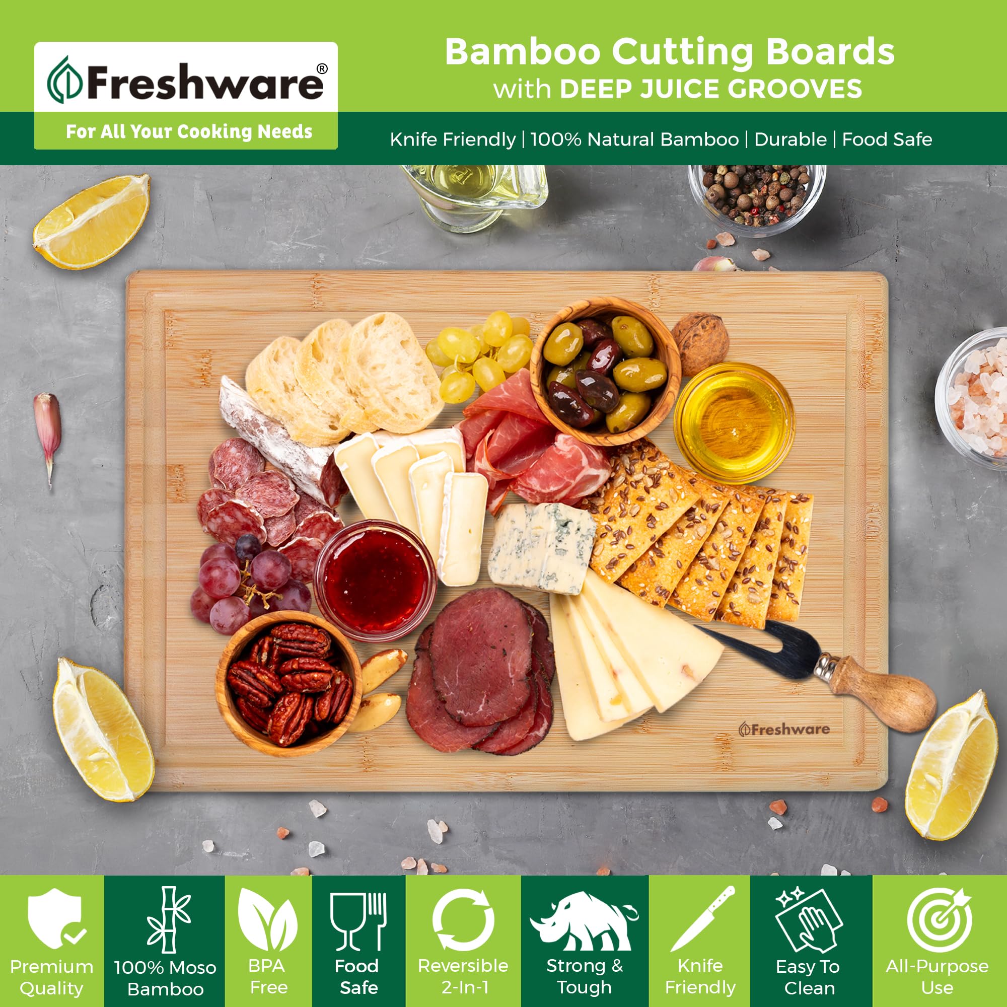 Freshware 24 Inch 3XL Bamboo Cutting Boards for Kitchen, Stove Top Butcher Block, Extra Large Wooden Carving Board for Meat, Veggies, Charcuterie Board with Deep Juice Grooves (3XL, 24x18