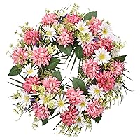 Spring Door Wreath 22 Inch, Summer Wreath Pink Dahlia & Chrysanthemum Large Welcome Wreath for Holiday Farmhouse Home Indoor Outdoor Wedding Party Wall Window Decor