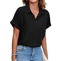 Womens Button Down Shirt Casual Short Sleeve Collared Work Blouse with Pocket