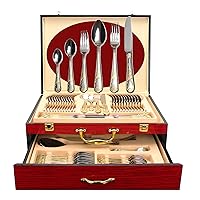 75-Pc Luxury Flatware Set for 12 w/Storage Case 24K Gold Premium Dining Cutlery Service - 18/10 Surgical Stainless Steel Silverware Hostess Serving Set in a Chest