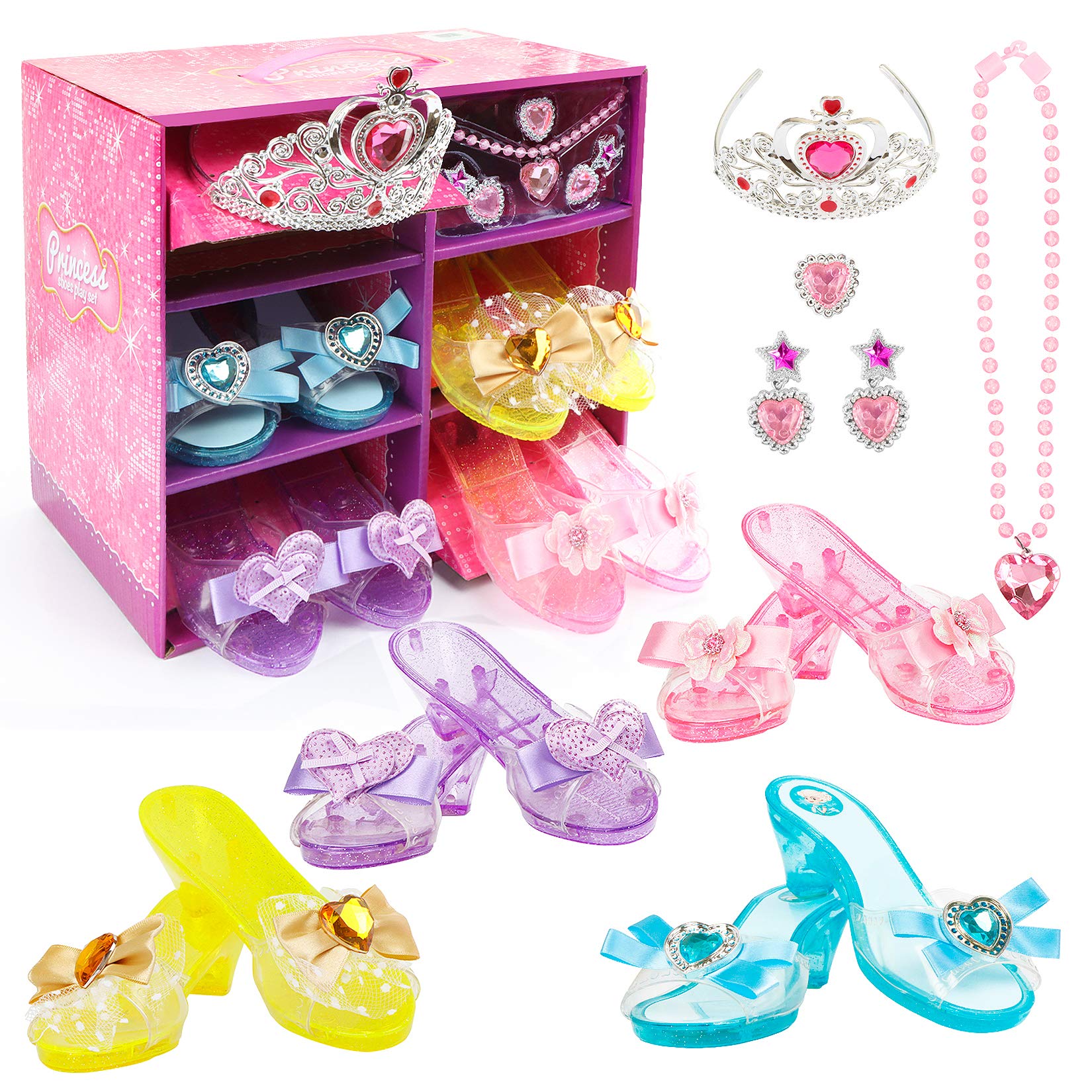Hodola Girls Princess Dress up Shoes Set Girls Play Shoes and Jewelry Boutique Role Play Collection Shoes Set Gift Set with Princess Tiara and Accessories Jewelries for 3, 4,5 Years Old Girls and up