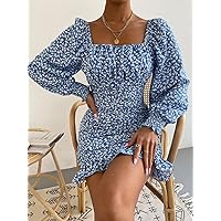 2023 Women's Dresses Ditsy Floral Lantern Sleeve Ruched Ruffle Hem Bodycon Dress Women's Dresses (Color : Blue and White, Size : X-Small)