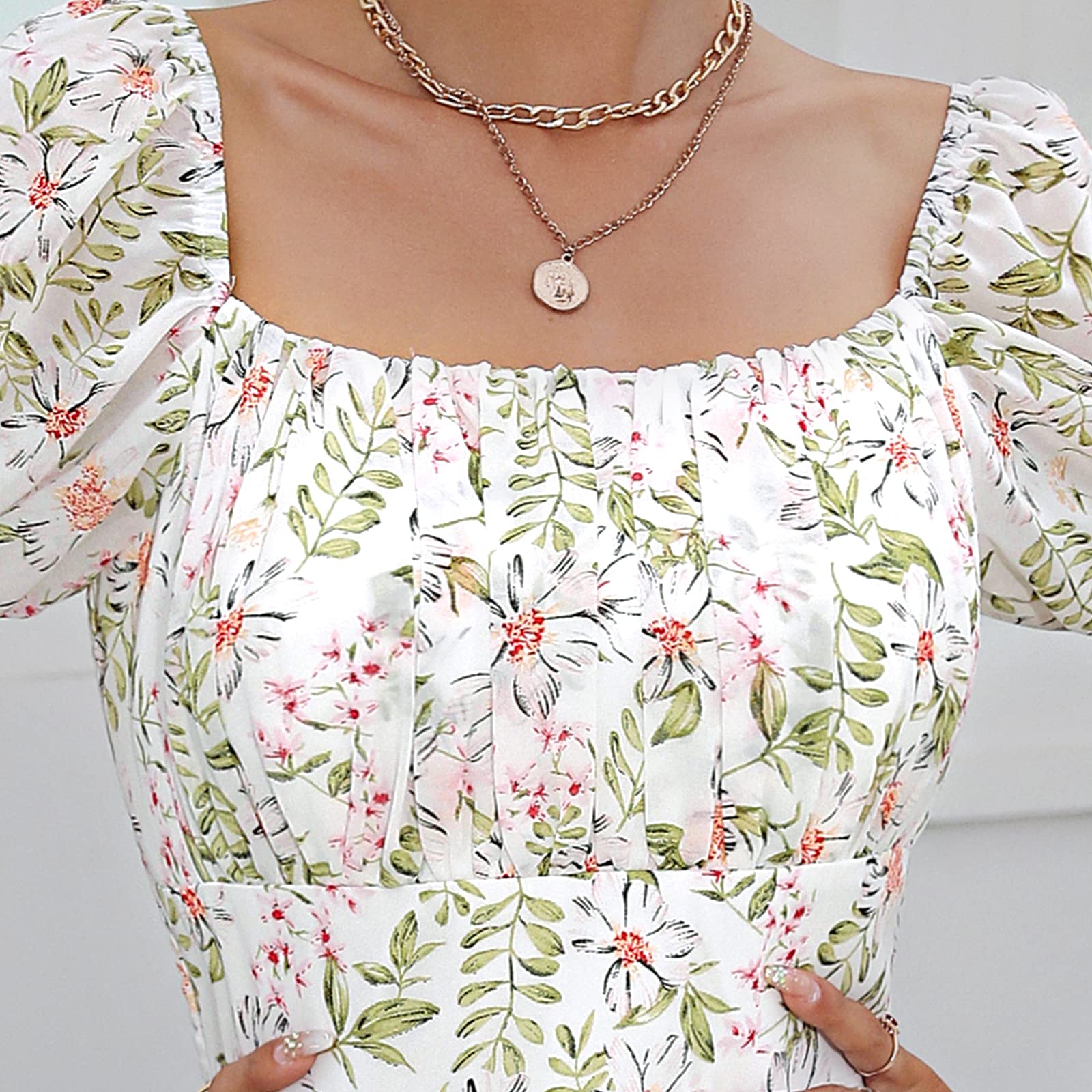 EXLURA Womens Summer Dress Floral Ruffle Tiered Square Neck Sundress Short Sleeve Off Shoulder Smocked Mini Dresses