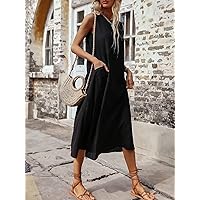Summer Dresses for Women 2022 Dual Pockets Sleeveless Tank Dress (Color : Black, Size : XL)