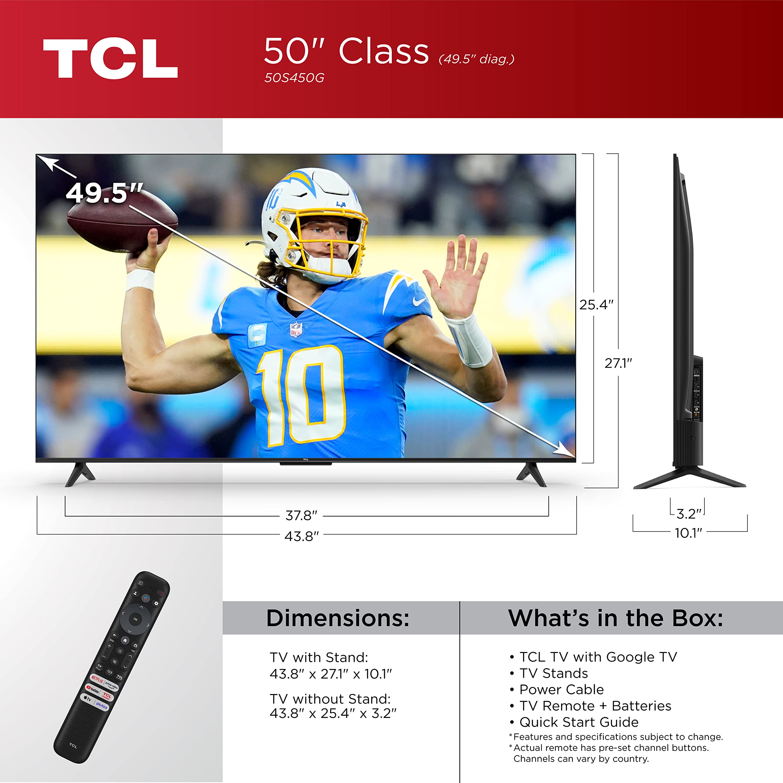 TCL 50-Inch Class S4 4K LED Smart TV with Google TV (50S450G, 2023 Model), Dolby Vision, HDR Pro, Dolby Atmos, Google Assistant Built-in with Voice Remote, Works with Alexa, Streaming UHD Television