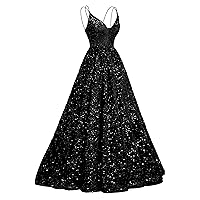 HSFIYAKJ Sequin Prom Dresses Long Sparkly Ball Gown 2024 Spaghetti Straps V Neck A Line Formal Evening Dress for Women