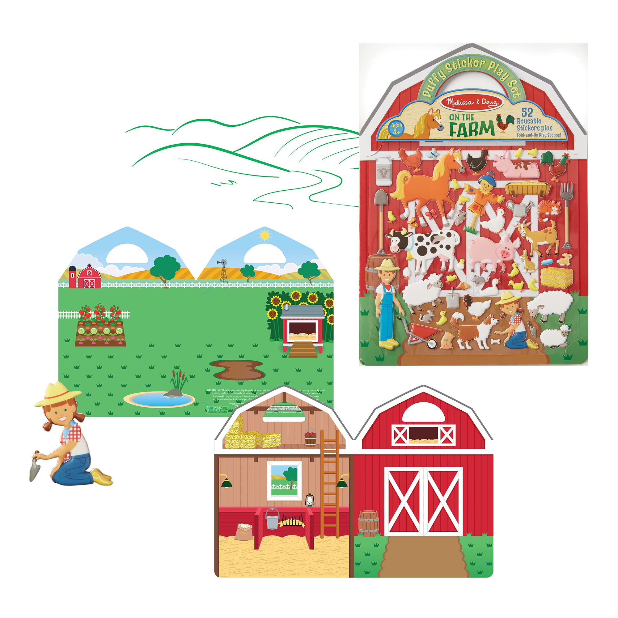 Melissa & Doug Puffy Sticker Play Set - On the Farm - 52 Reusable Stickers, 2 Fold-Out Scenes - Restickable Farm Sticker Book, Puffy Farm Animals Removable Stickers For Kids Ages 4+