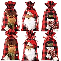 6 Pieces Christmas Bags Buffalo Plaid Santa 3D Design Gift Bags Sacks Drawstring Bags for Christmas Party Supplies
