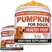 Pumpkin for Dogs + Allergy Relief Bundle - Upset Stomach + Itchy Skin Relief - Pure Pumpkin Powder + Omega 3 + Enzymes + Turmeric - Digestion Support + Skin & Coat Health - 8.1oz + 120ct - Made in USA