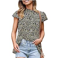 Womens Summer Tops Dressy Casual Ruffle Short Sleeve Mock Neck Blouse Boho Floral Tunic Tops Loose Fit Flowy T-Shirts