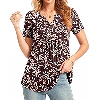 Womens Summer Top Henley V-Neck Short Sleeve Shirt Button Up Casual Pleated Blouses