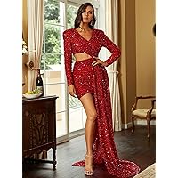 Dresses for Women Women's Dress Cut Out Ruched Draped Side Sequin Formal Dress Dresses (Color : Burgundy, Size : Small)