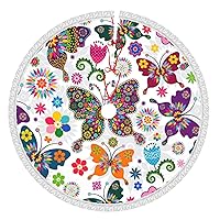 Spring Floral Butterfly Print Polyester Christmas Tree Skirt Mat for Home Holiday Parties Xmas Tree Ornaments