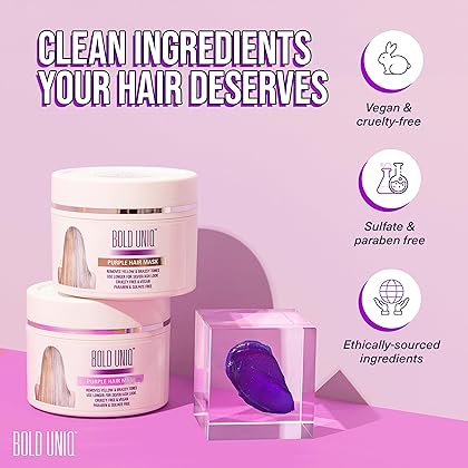 Bold Uniq Purple Hair Mask - For Blonde, Platinum, Bleached, Silver, Gray, Ash & Brassy Hair - Remove Yellow Tones, Reduce Brassiness and Condition Dry, Damaged Hair - Cruelty Free & Vegan - 6.76Fl Oz