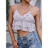 Women's Tops Sexy Tops for Women Women's Shirts Layered Hem Ditsy Floral Halter Top (Color : Multicolor, Size : Large)