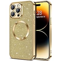 Hython for iPhone 14 Pro Max Case Glitter, Clear Magnetic Phone Cases with Camera Lens Protector [Compatible with MagSafe] Bling Sparkle Plating Soft TPU Slim Shockproof Protective Cover Women, Gold