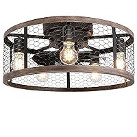 Ohniyou 20'' Flush Mount Caged Ceiling Fan with Lights Remote Control, Farmhouse Rustic Low Profile Small Vintage Enclosed Ceiling Fan Lighting Fixture Bedroom Dining Room