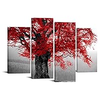 Large 4 Panel Wall Art Painting Contemporary Red Tree in Black and White Style Fall Landscape Picture Modern Giclee Stretched and Framed Artwork Ready to Hang 48x33inch (Red)