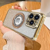 Losin Compatible with iPhone 15 Pro Max Magnetic Glitter Case Compatible with MagSafe Luxury Bling Rhinestone Case with Logo View Plating Sparkle Diamond Camera Lens Protection for Women Girls, Gold