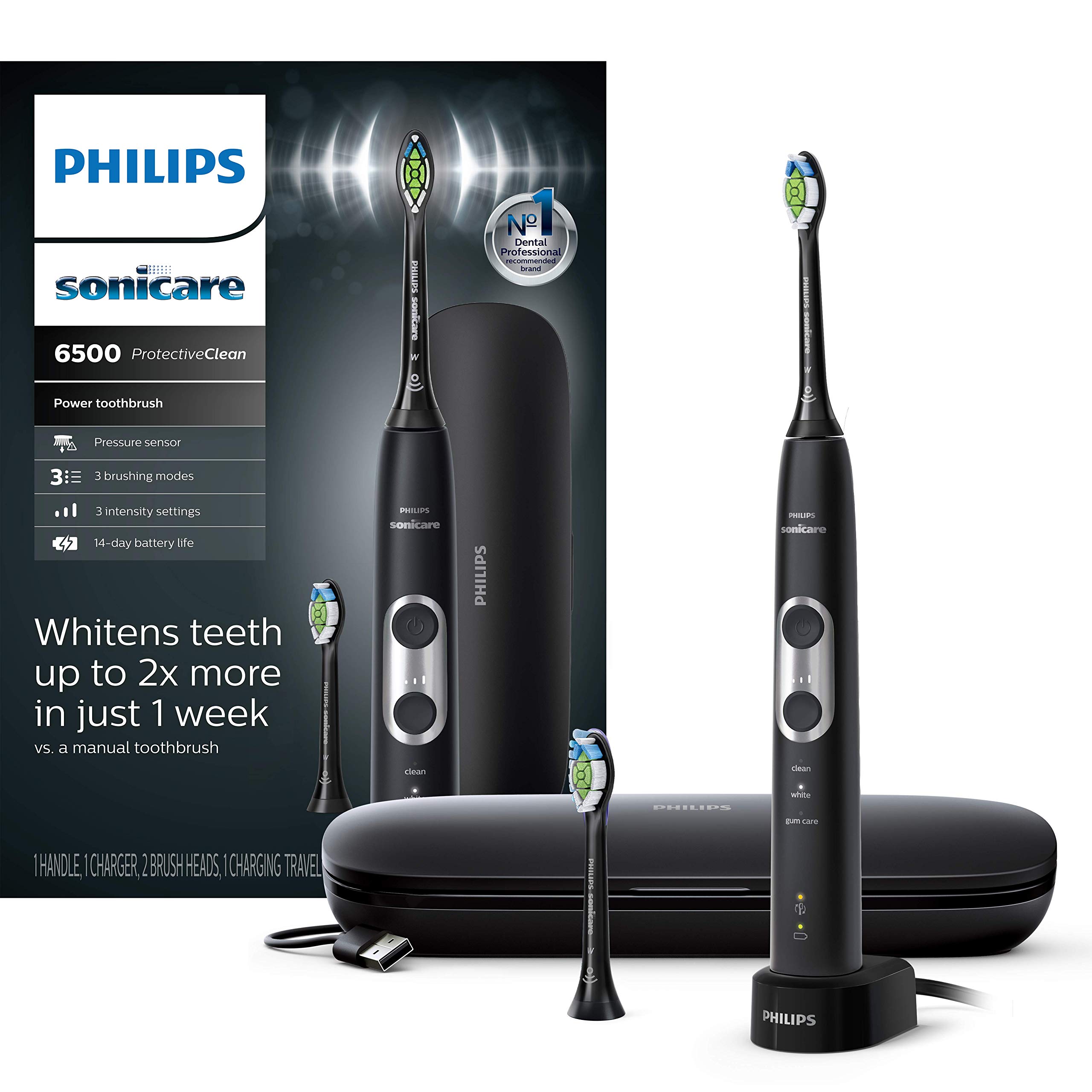 PHILIPS Sonicare ProtectiveClean 6500 Rechargeable Electric Power Toothbrush with Charging Travel Case and Extra Brush Head, Black, HX6462/08