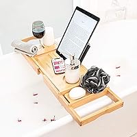 Bath Caddy Tray for Tub: Bamboo Bathtub Tray Caddy Expandable with Wine Glass Holder and Book Stand. Luxury Bubble Bath Accessories & Spa Decor. Self Care Gifts for Women, Birthday Gift for Mom.