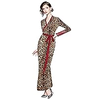 LAI MENG FIVE CATS Women's Leopard Print Cocktail Party Long Sleeve Deep V Neck Belted Maxi Dress