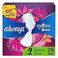 Radiant Feminine Pads For Women, Size 2 Heavy Flow Absorbency, With Flexfoam, With Wings, Scented, 26 Count
