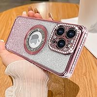 Losin Compatible with iPhone 15 Pro Max Magnetic Glitter Case Compatible with MagSafe Luxury Bling Rhinestone Case with Logo View Plating Sparkle Diamond Camera Lens Protection for Women Girls, Pink