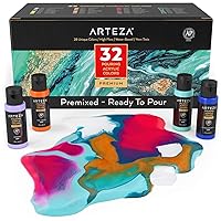 ARTEZA Acrylic Pouring Paint Set of 32, 2 ounce Bottles, Assorted Colors, High Flow Paint, Art Supplies for Pouring on Canvas, Glass, Paper, Wood