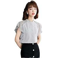 Women's Summer Black and White Striped Ruffle Short Sleeve Casual Workwear Shirt