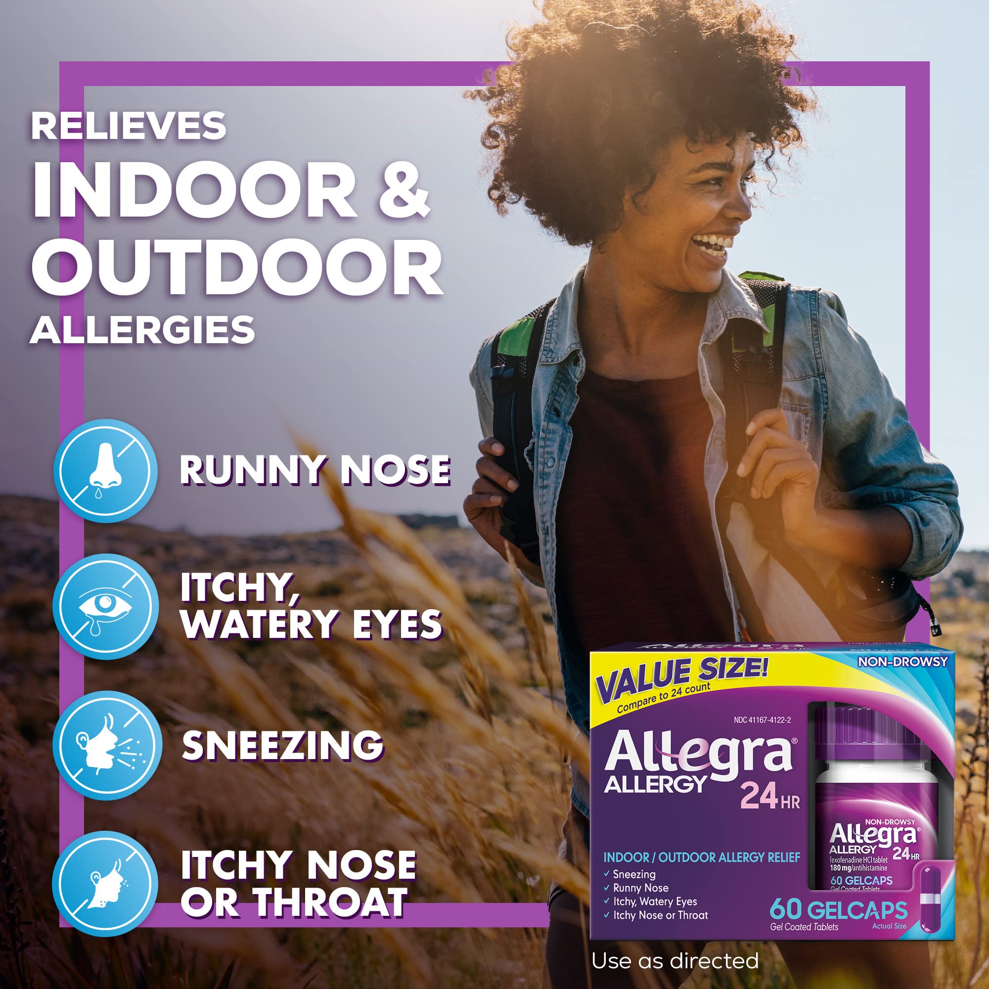 Allegra Adult 24HR Non-Drowsy Antihistamine Gelcaps, 60-Count, Fast-acting Allergy Symptom Relief, 180 mg