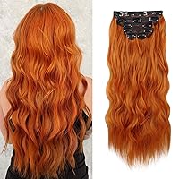 WECAN Clip in Hair Extension 24 Inch Ginger 6PCS Long Wavy Curly Hairpieces for Women Cooper Red Natural Thick Synthetic Fiber Double Weft Hair Full Head