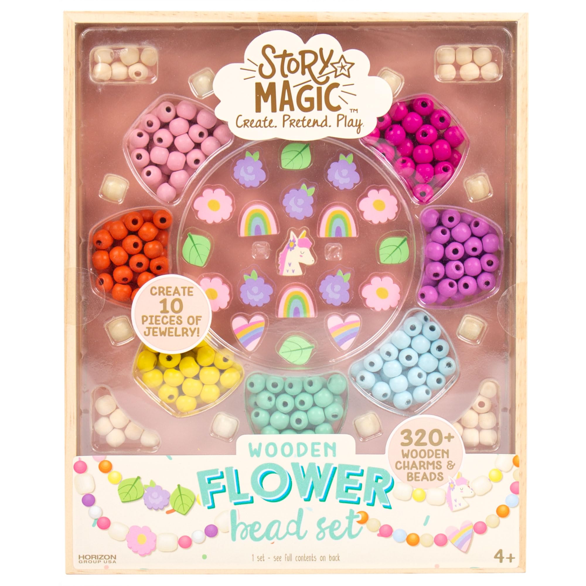 Story Magic Wooden Flower Bead Set, Over 300 Large Hole Wood Beads & Charms for Beading Bracelets, Bracelet Making Kit, Flower Bracelet Kit, Whimsical Bracelet Charms, Storage Tray Included, Ages 4+