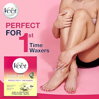 VEET Sugar Wax Hair Remover - Perfect for First Time Waxers - Contains 12 Fabric Strips & 1 Spatula with a Temperature Indicator 8.45 Ounce (Pack of 1)