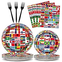 96 Pcs International World Flags Party Supplies Country Flag Paper Plates Travel Trip Around the Globe Party Plates and Napkins Forks World Flags party decorations for Birthday Baby Shower Serves 24