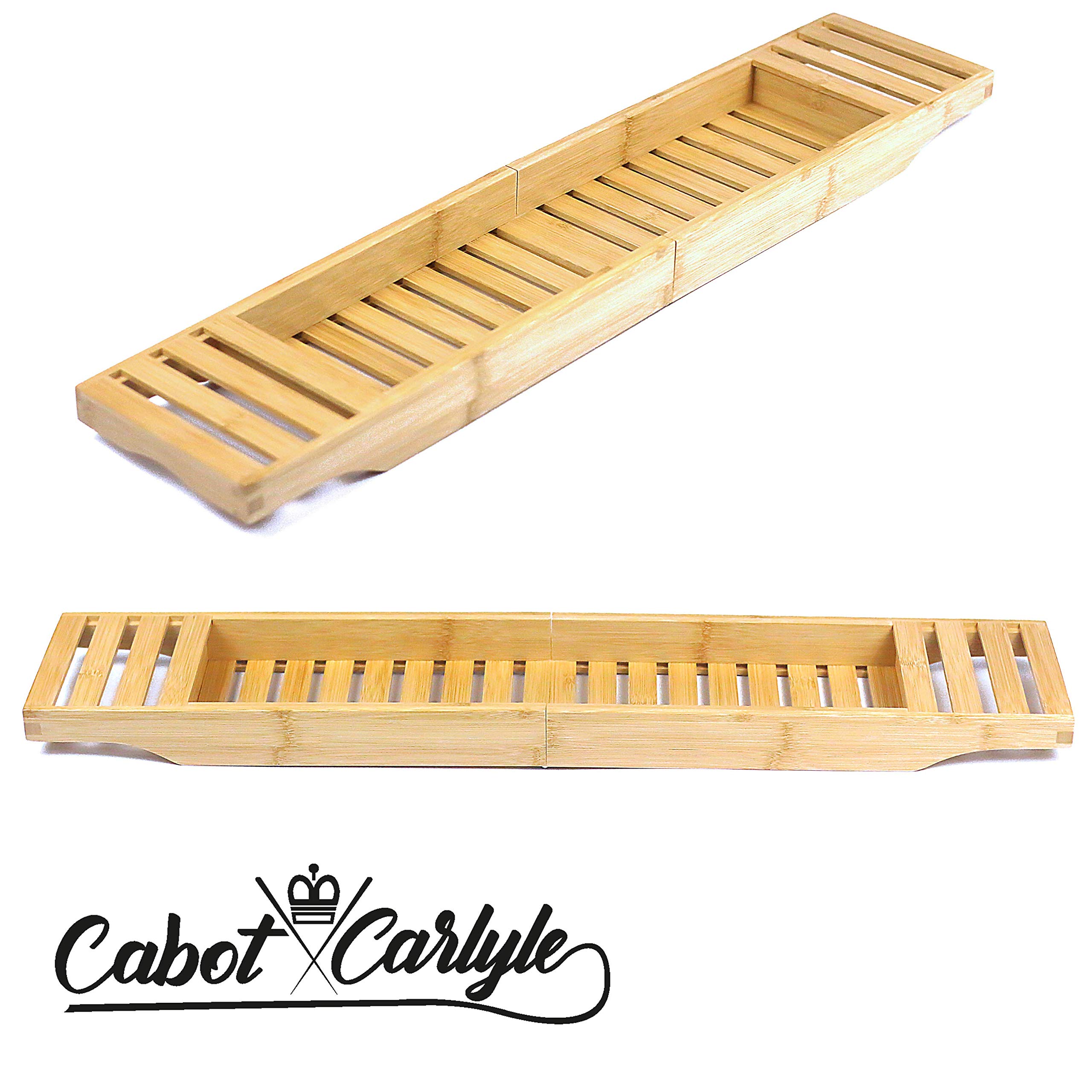 Cabot & Carlyle Luxury Bath Caddy Tray for Tub | Bath Table | Premium Bamboo Bathtub Tray for Tub | Fits All Bath Accessories Wine Glass, Books, Tablets, Cellphones, Shampoo | Bath Shelf Foldable.