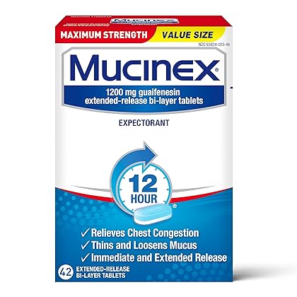 Mucinex Chest Congestion Maximum Strength 12 Hour Extended Release Tablets Relieves Chest Congestion Caused by Excess Mucus(#1 Doctor Recommended OTC expectorant), 1200mg, 42 Count (Pack of 1)