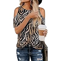 Andongnywell Womens Leopard Print Summer Cold Shoulder Tops Short Sleeve T Shirts Pullover Casual Blouses